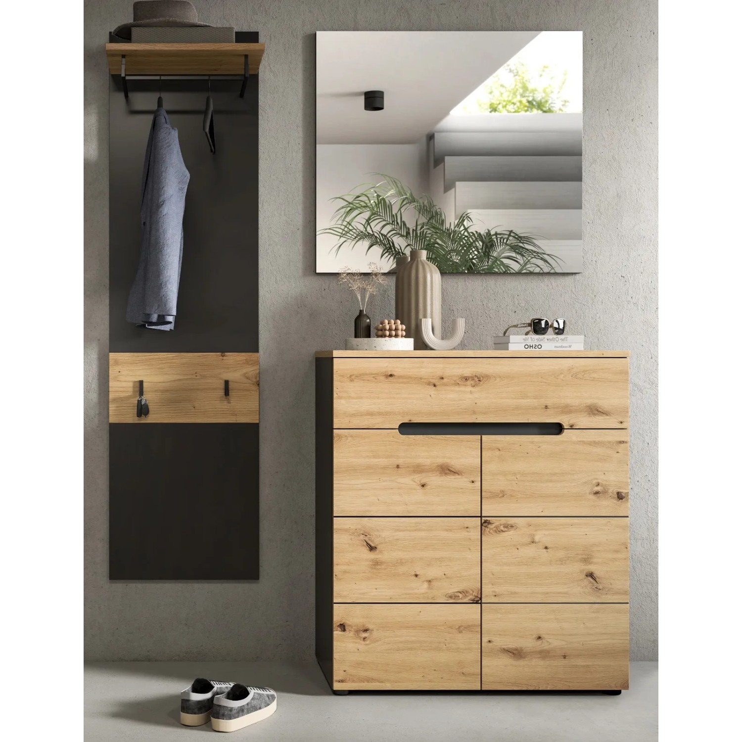 3-teiliges Garderoben-Set Cooper in Eiche und Grau mit Spiegel, Paneel und Schuhkommode.