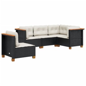 Schwarze 5-tlg. vidaXL Garten-Sofagarnitur aus Poly Rattan mit cremeweißen Kissen.