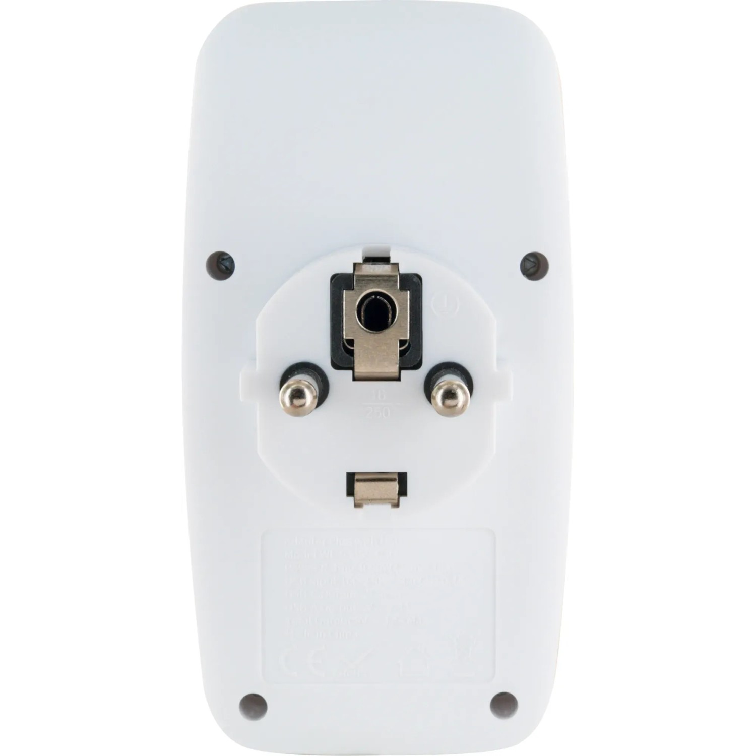 Schwaiger Adapter Schuko/Eurostecker, Rückseite mit Steckerstiften und Kontakten.
