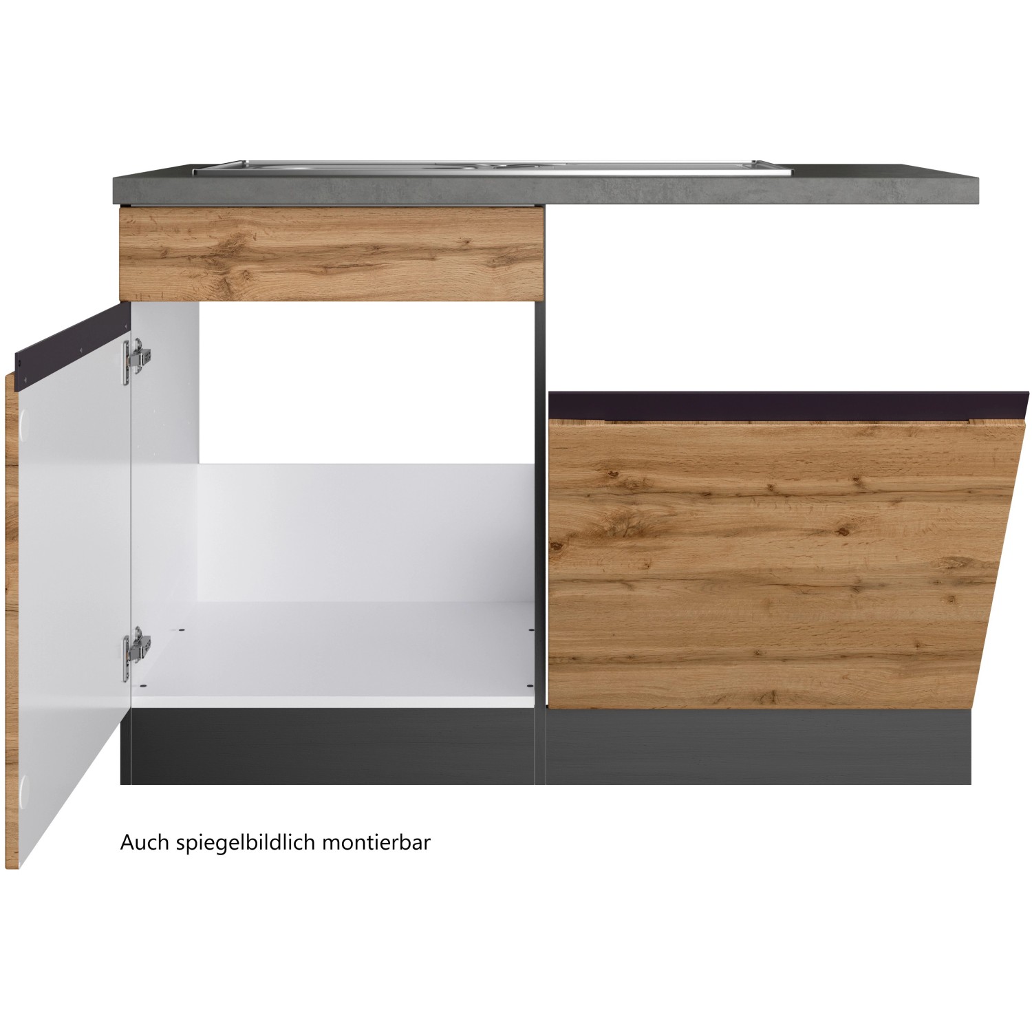 Held Möbel Spülenunterschrank Turin 120 cm, Wotaneiche/Graphit, mit Geschirrspülerblende.