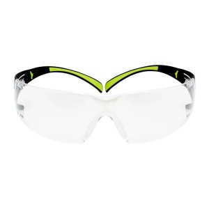 3M SecureFit 400 Schutzbrille mit klarer Polycarbonat-Scheibe und grün-schwarzem Bügel.