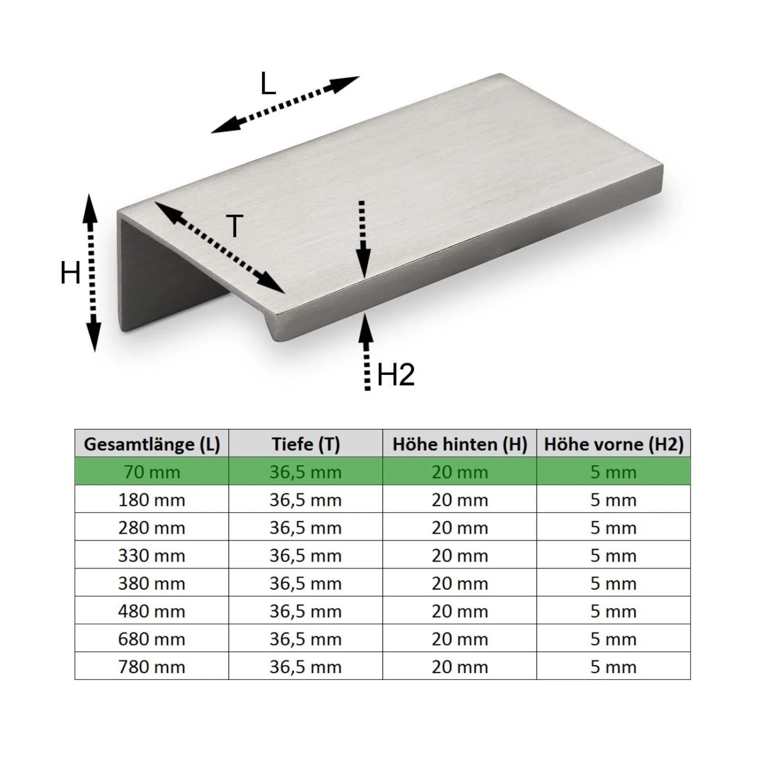 SOTECH Griffleiste Searl, Aluminium in gebürsteter Edelstahloptik. Moderner Möbelgriff mit Profilform.