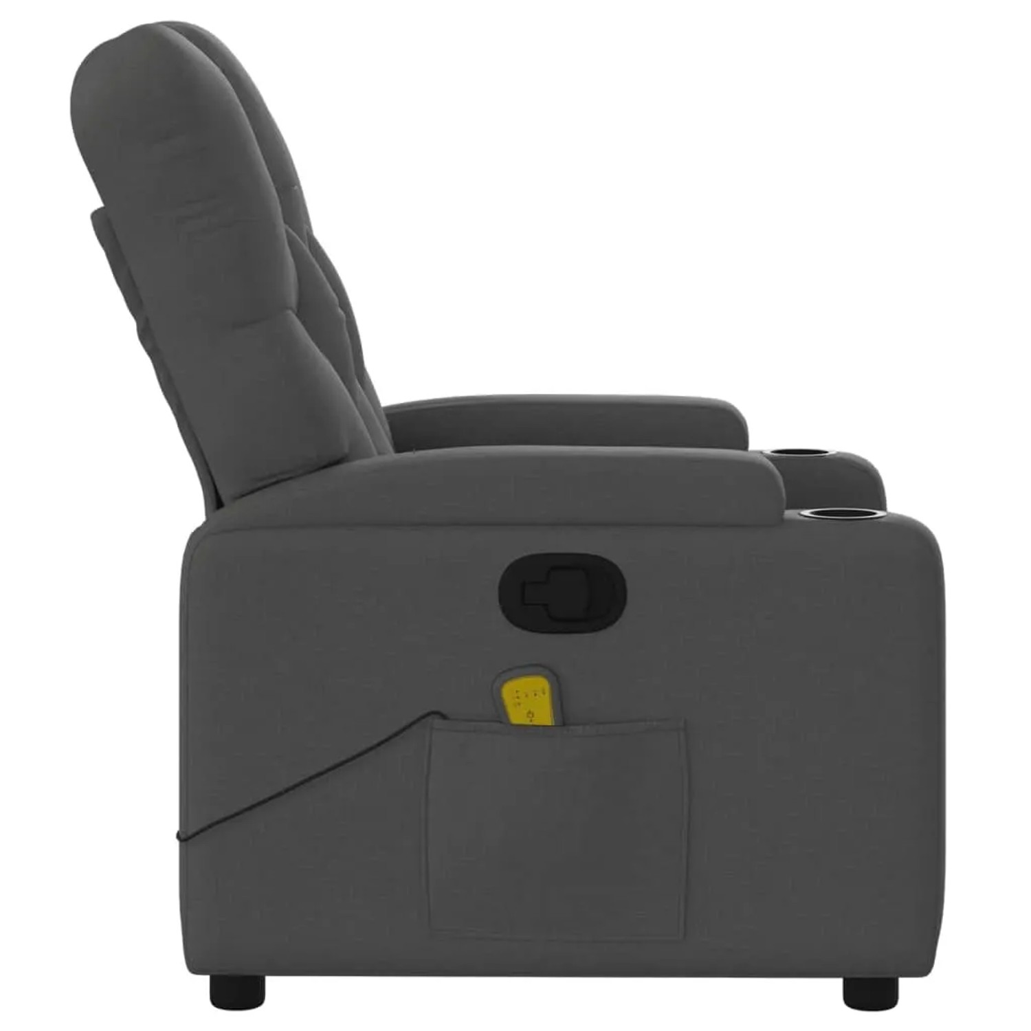 Dunkelgrauer vidaXL Massagesessel Modell 10 aus Samt mit Getränkehalter und Seitentasche.