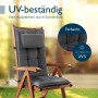 Anthrazitfarbene Hochlehner Auflage auf Holz-Gartenstuhl. UV-beständig, lichtecht UV 5, mit Kopfpolster.