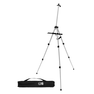 Silberne ECD Germany Atelierstaffelei aus Aluminium, höhenverstellbar mit Tragetasche.