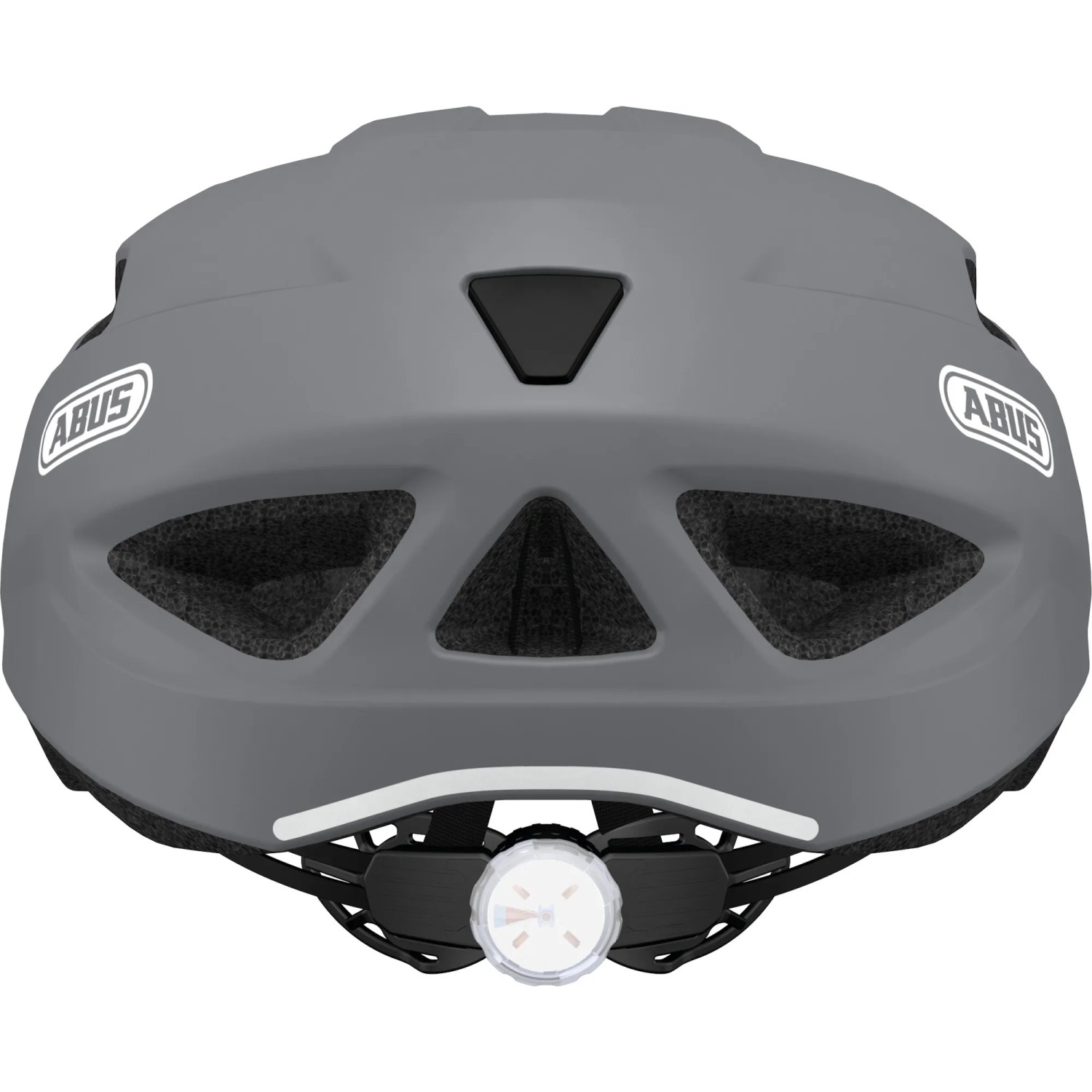Grauer Abus Fahrradhelm City L mit Reflektor und Belüftungsöffnungen.