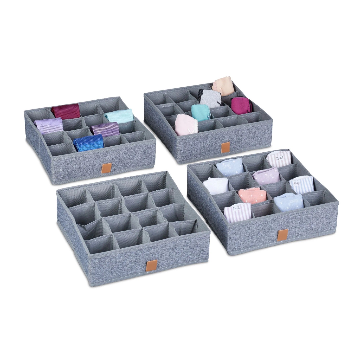 Relaxdays Unterwäsche Organizer 4er Set Polyester Grau Faltbar 9 cm x 29 cm x 29 cm
