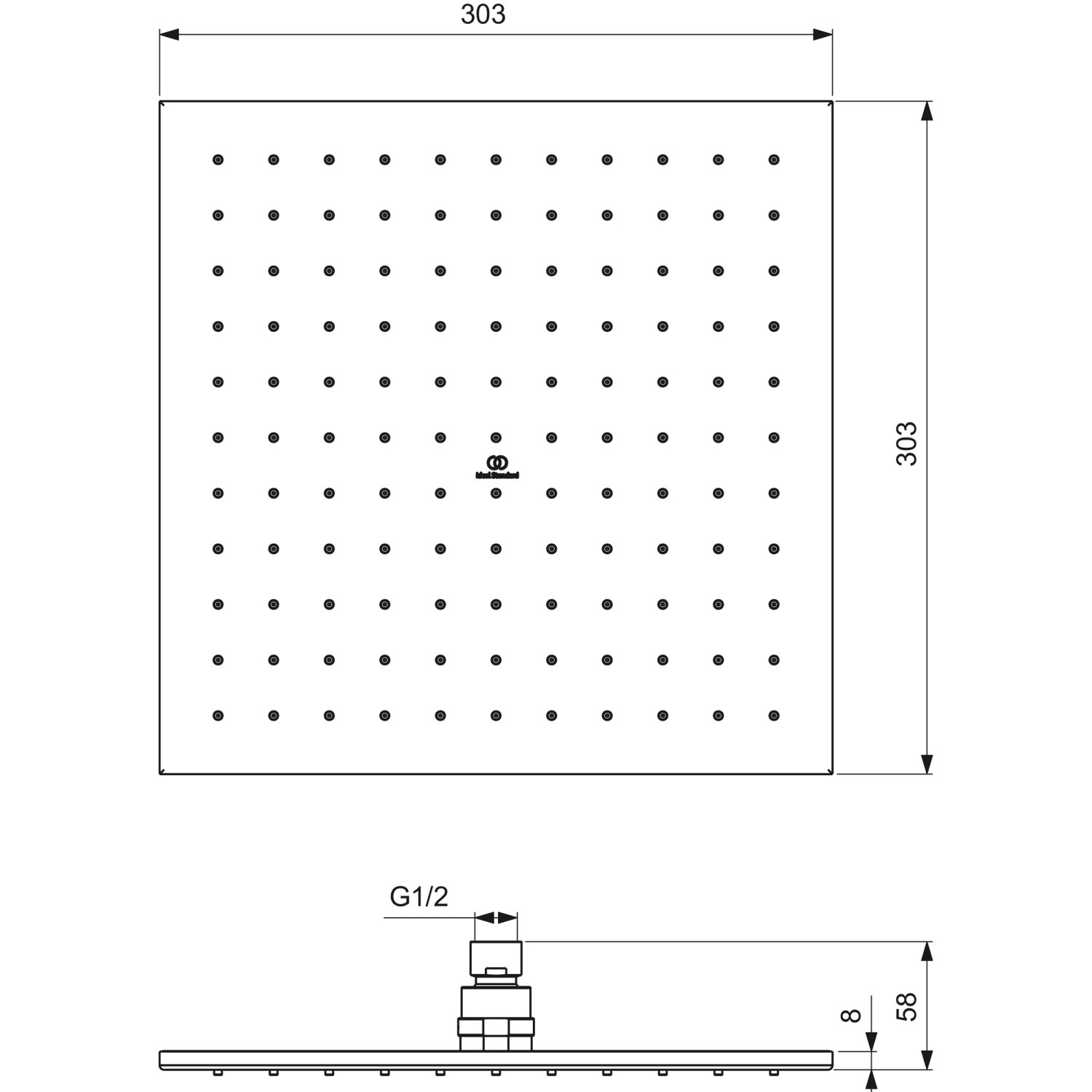 Technische Zeichnung: Ideal Standard Idealrain Atelier Kopfbrause, eckig, 300x300 mm, Chrom.