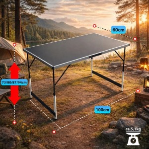 Höhenverstellbarer, klappbarer Campingtisch/Markttisch BigDean, 100x60 cm, im Outdoor-Einsatz.