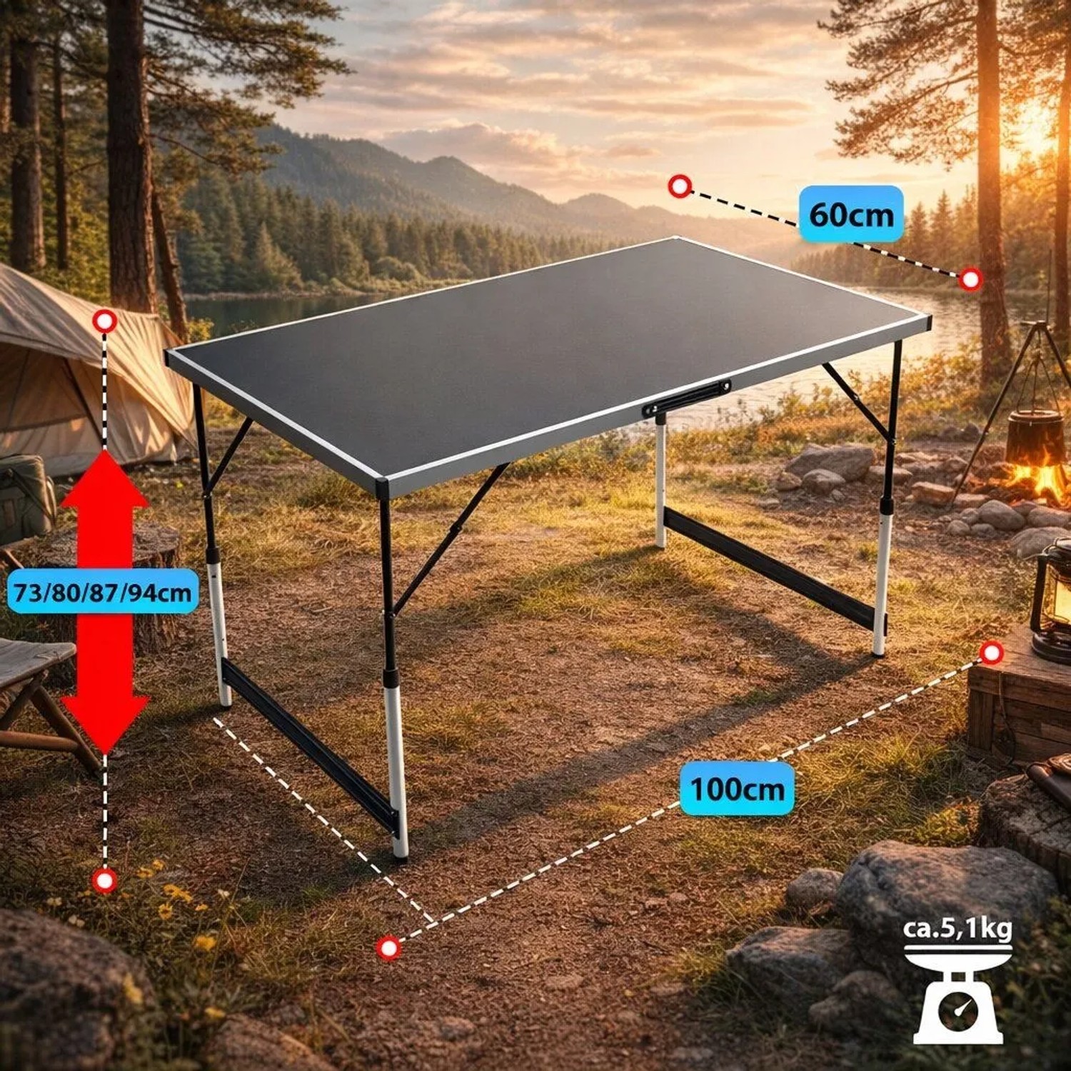 Höhenverstellbarer, klappbarer Campingtisch/Markttisch BigDean, 100x60 cm, im Outdoor-Einsatz.