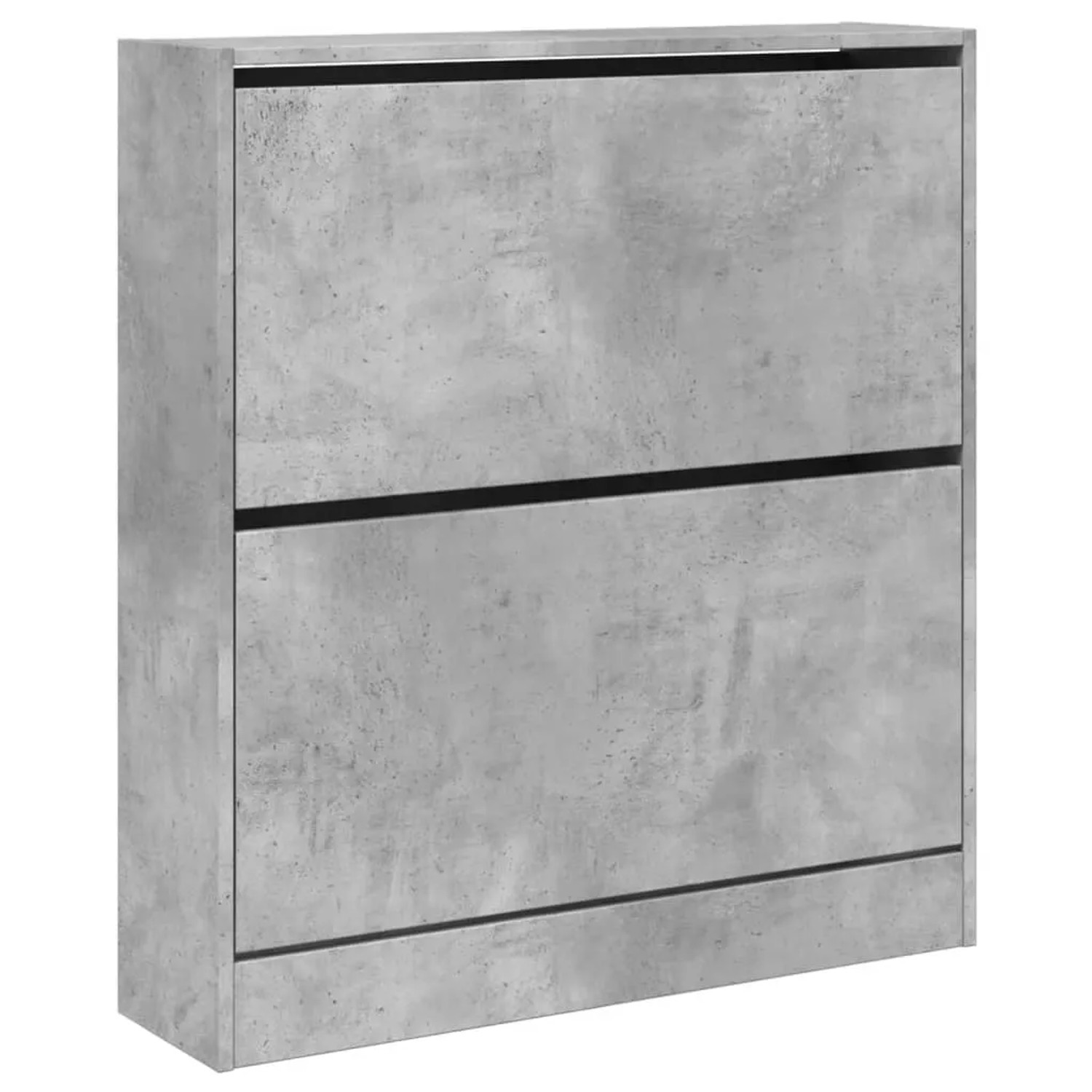 Betongrauer Schuhschrank mit zwei Klappen aus Holzwerkstoff. Schmaler Schuhkipper für Flur und Eingangsbereich.