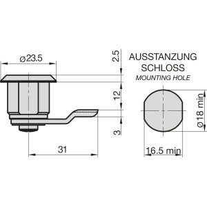 Technische Zeichnung: Basi Hebelschloss HS 341 für Briefkästen, Maße und Ausstanzung.