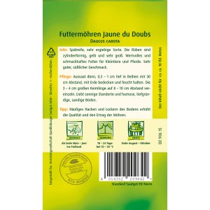 Quedlinburger Futter-Möhren Jaune du Doubs Samenpackung für gelbe, zylinderförmige Möhren.