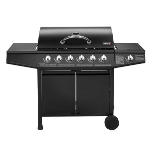 Schwarzer Taino Basic 6+1 Gasgrill mit Seitenkocher und Edelstahlbrennern auf Grillwagen.