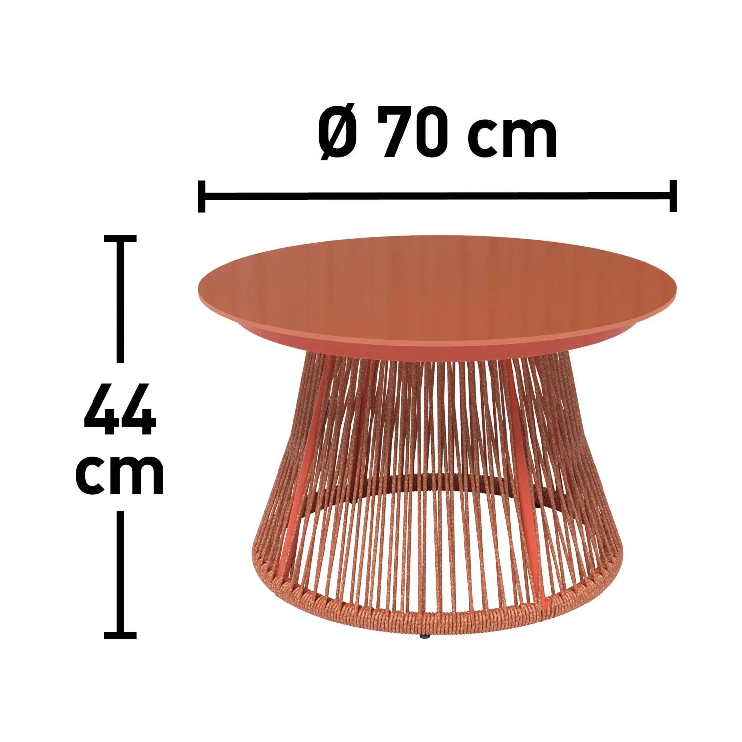 Balkontisch Bandon, Ø 70 cm, Terrakotta, mit Seilbespannung und Glasplatte. Ideal für Balkon und Terrasse.