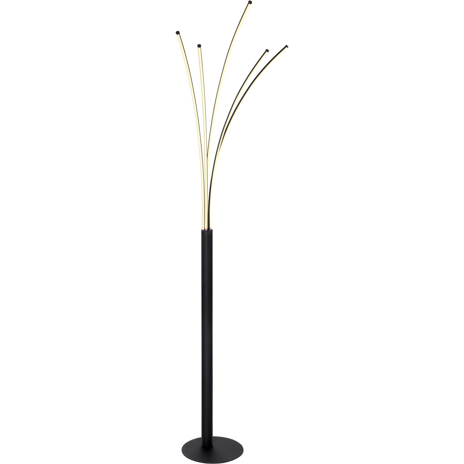 Schwarze, dimmbare LED-Stehlampe Bizzy mit Smart Home Funktion und beweglichen Leuchtelementen.
