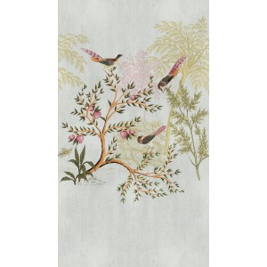 Fototapete mit Vogelmuster in Grau, Grün, Rosa und Braun. Florales Design für Wohnräume.