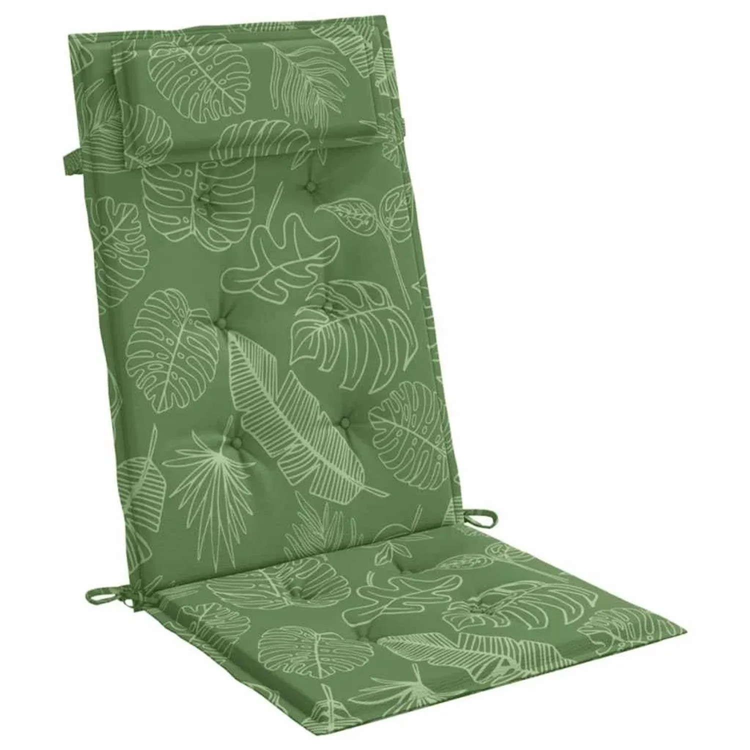 Grüne Hochlehner-Auflage mit weißem Blattmuster aus Oxford-Gewebe. Ideal als Gartenstuhlauflage für hohen Sitzkomfort.