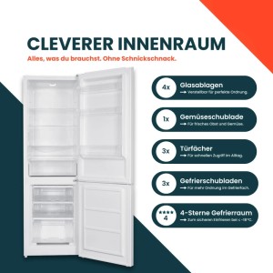 Weißer homeX Kühlschrank mit Gefrierfach, Inneneinteilung mit Glasablagen und Schubladen.