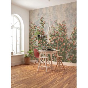 Komar Fototapete Wall Roses in Grün und Rosa, 300x250 cm, im Esszimmer.