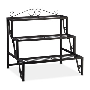 Schwarze Relaxdays Blumentreppe aus Metall mit 3 Stufen, ideal für Blumen und Kräuter.