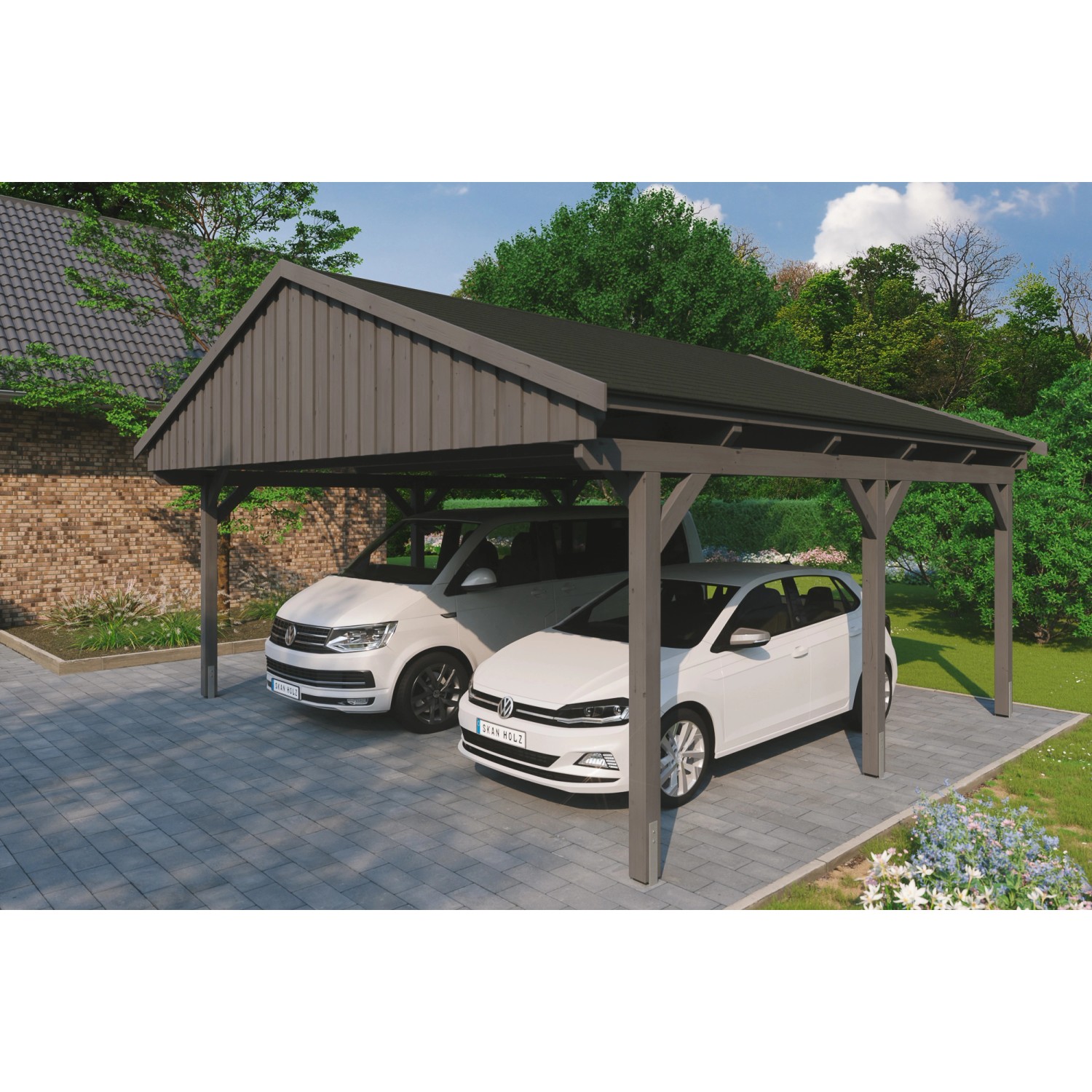 Skan Holz Carport Fichtelberg 618 cm x 566 cm Schwarze Schindeln Schiefergr günstig online kaufen