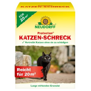 Neudorff Katzen-Schreck, 200g Packung. Fernhaltemittel mit Katze im Hintergrund.