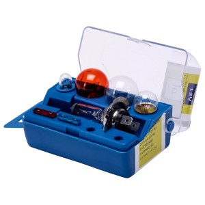 Ersatzlampenbox 12V H7, 7-teilig für Autoelektrik, mit verschiedenen Leuchtmitteln und Sicherungen in blauer Box.