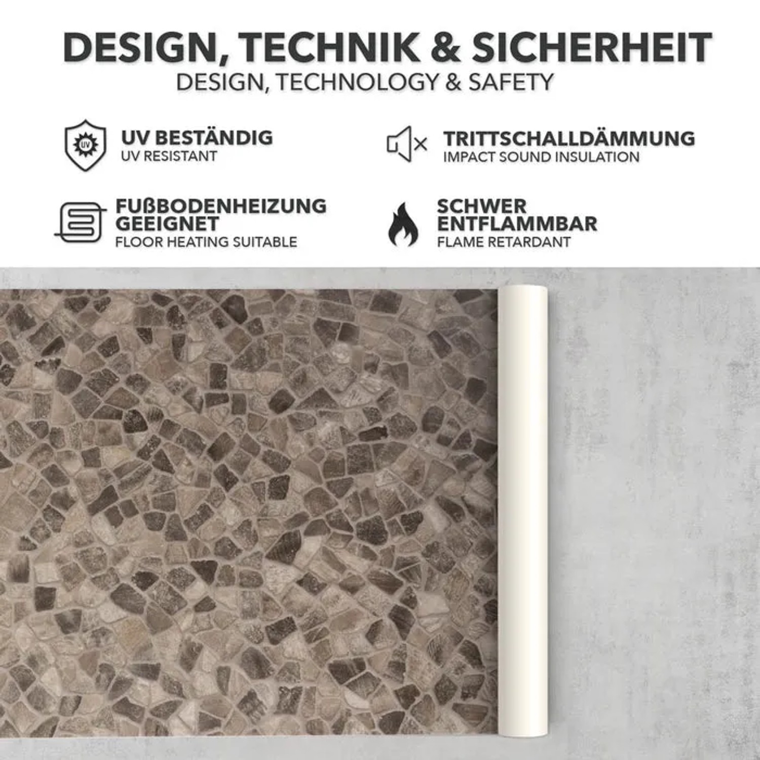 Karat CV Bodenbelag Atlantic Selby, Steinoptik, aufgerollt. PVC-Boden für Wohnräume.