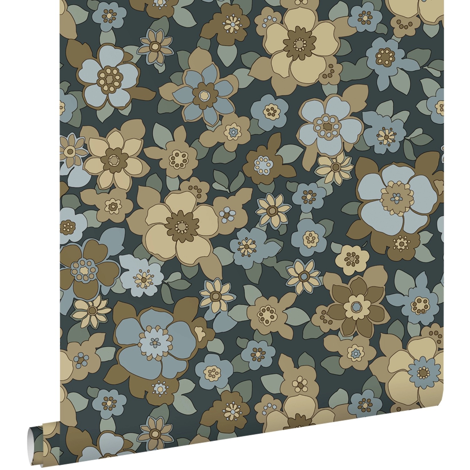 ESTAhome Tapete Retro Blumen Dunkelblau 50 x 900 cm günstig online kaufen
