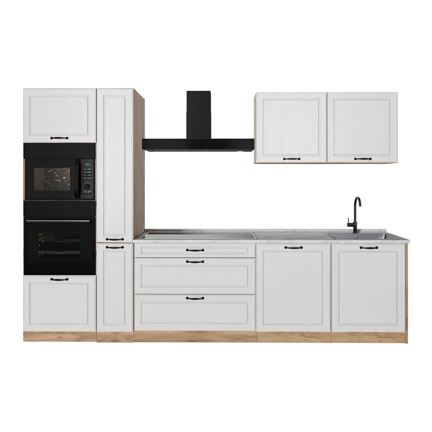 Vicco Küchenzeile R-Line Weiß Landhaus/Goldkraft Eiche 310 x 207 Arbeitsplatte Marmor Art Nr 67952