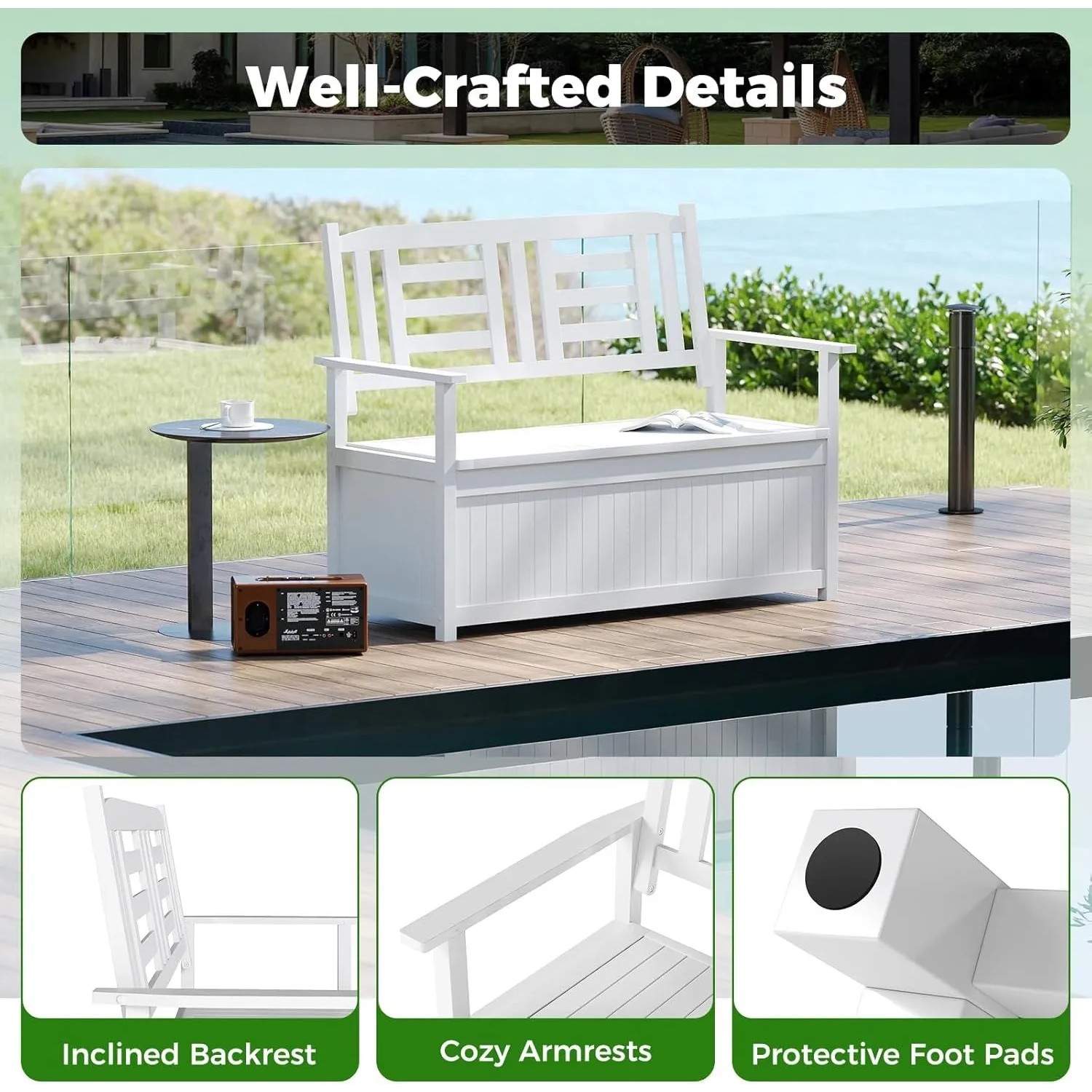 Weiße Costway Gartenbank aus Holz mit Stauraum, Truhenbank für Terrasse und Garten.