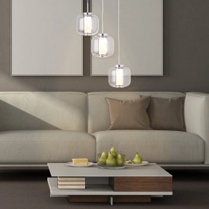 Brilliant LED-Pendelleuchte Rafa Rondell, 3-flammig, Chrom und Rauchglas im Wohnraum.