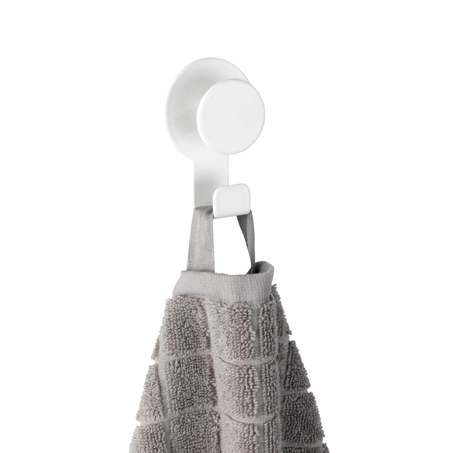 Wenko Wandhaken Blandas, Edelstahl rostfrei, weiß matt mit grauem Handtuch.