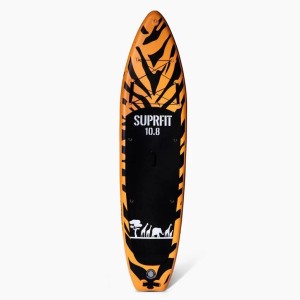 Orange-schwarzes Suprfit SUP Board mit Zebra-Muster und Safari-Tieren. Aufblasbares Stand-Up-Paddling Set.