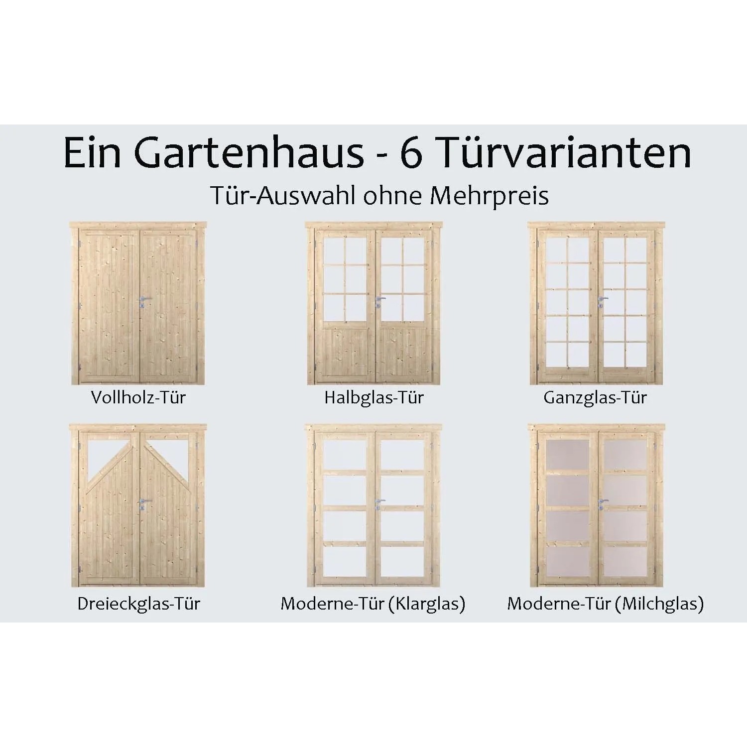 Fjordholz Gartenhaus Max 44 H: Sechs Türvarianten im Überblick.