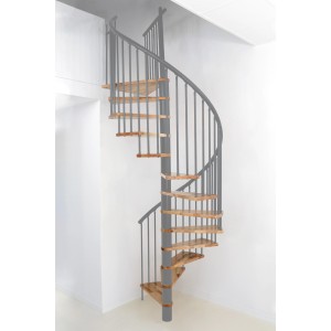 Minka Spindeltreppe Spiral Effect, Buche grau, Ø 120 cm. Innentreppe mit Holzstufen und grauem Geländer.