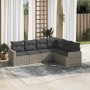 Graue 6-tlg. vidaXL Garten-Sofagarnitur aus Poly Rattan mit dunklen Kissen im Garten.