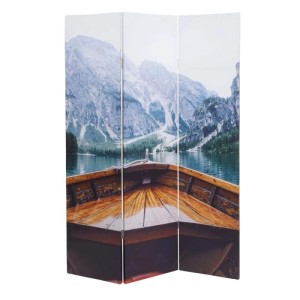 Dekorativer Foto-Paravent 180x121cm mit Holzboot auf See vor Berglandschaft. Raumteiler für Wohnaccessoires.