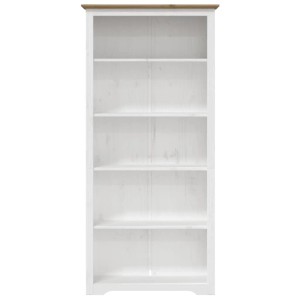 Weißes vidaXL BODO Bücherregal aus Massivholz Kiefer mit brauner Oberplatte und 5 offenen Fächern.