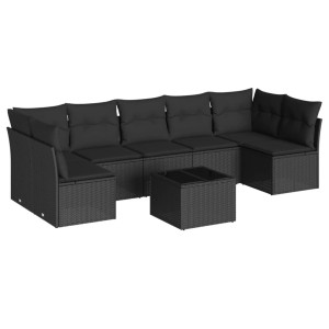 Schwarze 8-tlg. vidaXL Garten-Sofagarnitur aus Poly Rattan mit Kissen und Tisch.