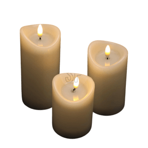 Set aus 3 cremefarbenen LED-Kerzen, flackernde Flamme, Jelly-Effekt, batteriebetrieben, mit Timer.
