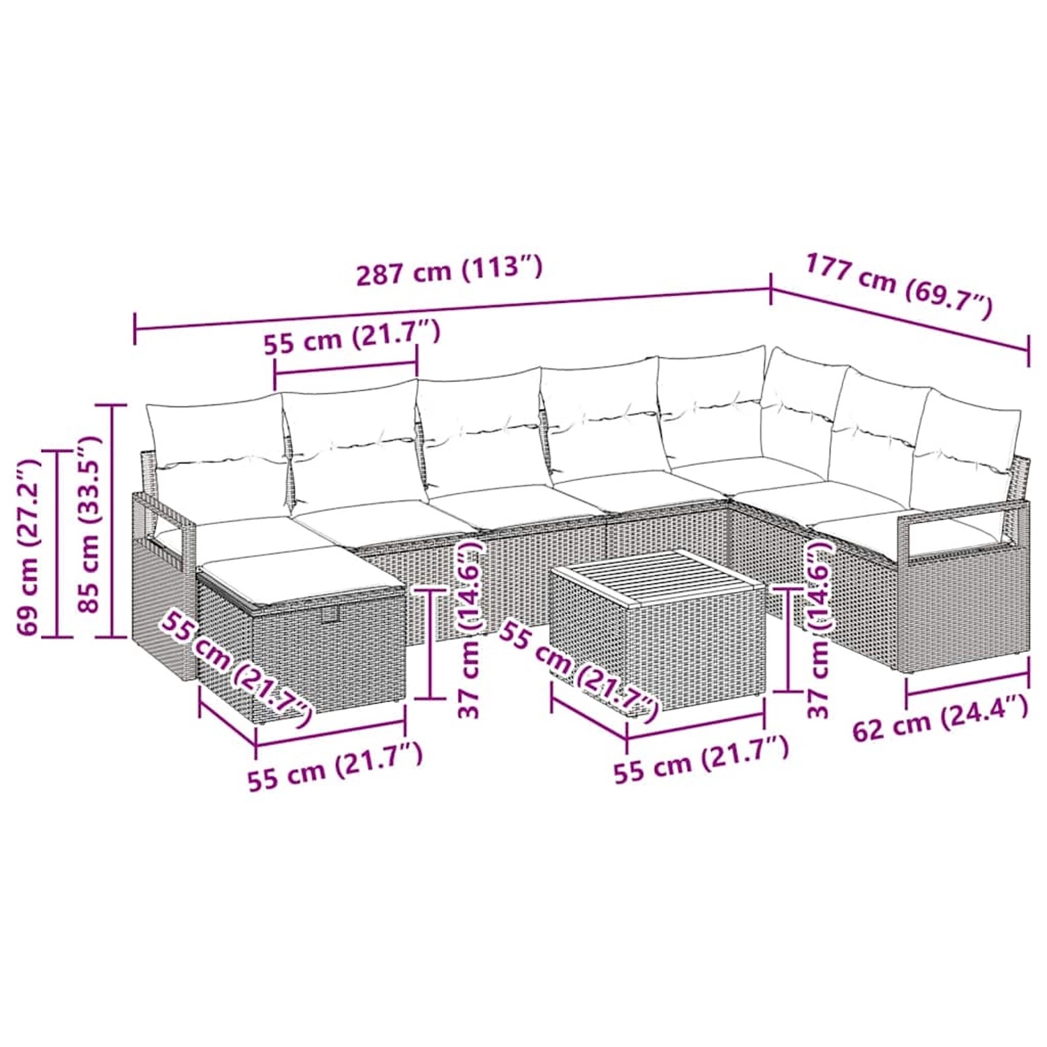 vidaXL Gartenmöbel-Set, 9-teilig, schwarz, Poly Rattan, mit Maßen. Ideal für Terrasse und Garten.