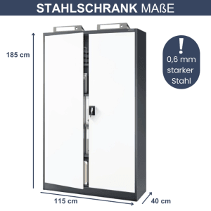 DELUKE Aktenschrank KADO, abschließbarer Büroschrank mit Flügeltüren, 185x115x40 cm, Anthrazit-Weiß.