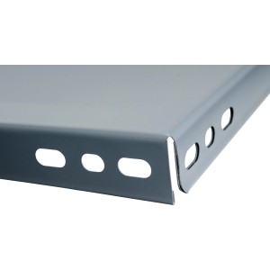 Detailansicht: Grauer Metallboden (60x50 cm) für Regalsystem, mit Löchern.