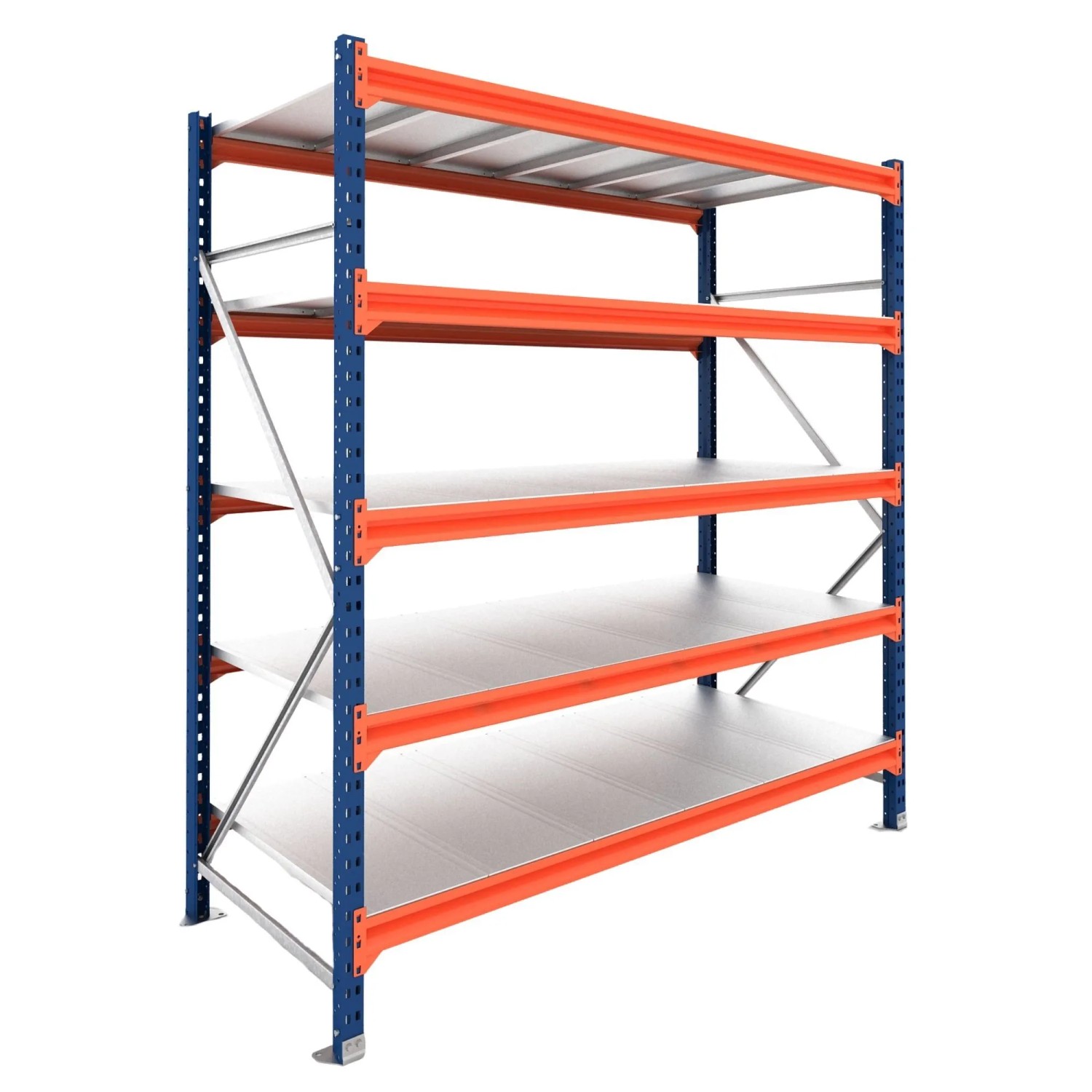 PROREGAL Weitspannregal Schwerlastregal DOMINUS Grundregal 200x195x100cm 5 Ebenen Stahlplatten-Fachboden Fachlast 350 kg Blau/Orange