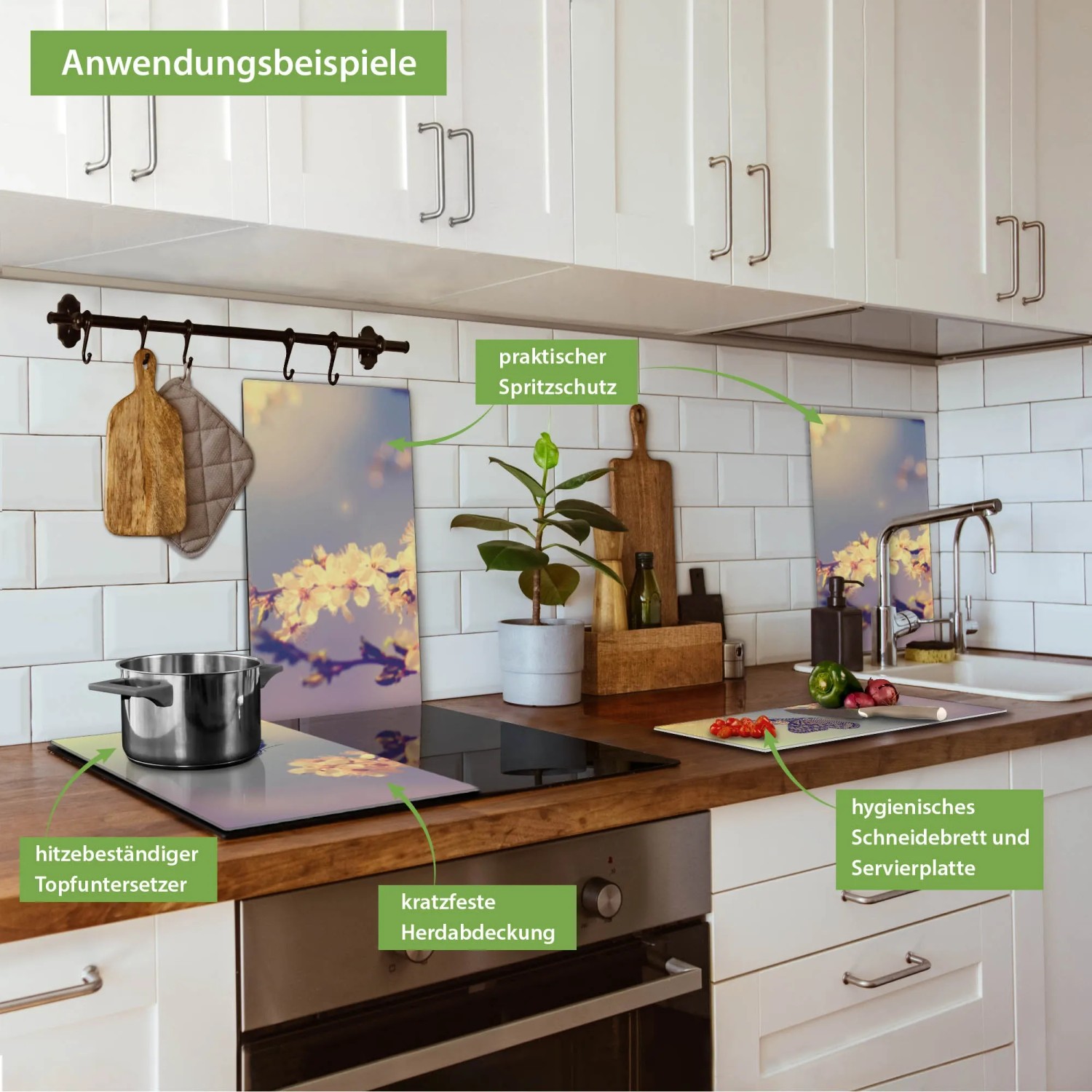 Banjado 2-teilige Herdabdeckplatte aus Glas (30x52cm) mit Motiv 'Tag im Mai' als Schneidebrett und Spritzschutz.