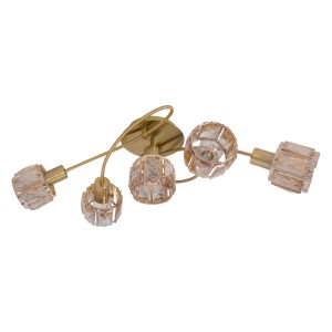 Goldene, 5-flammige LED-Deckenleuchte Josefa von Näve mit dekorativen Glaselementen.