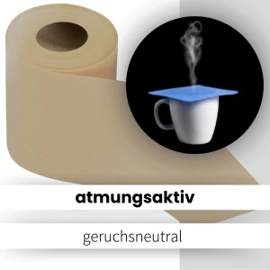 Beiger Sensalux Vlies-Tischläufer (15cm x 25m) mit Tasse und Dampfblase.
