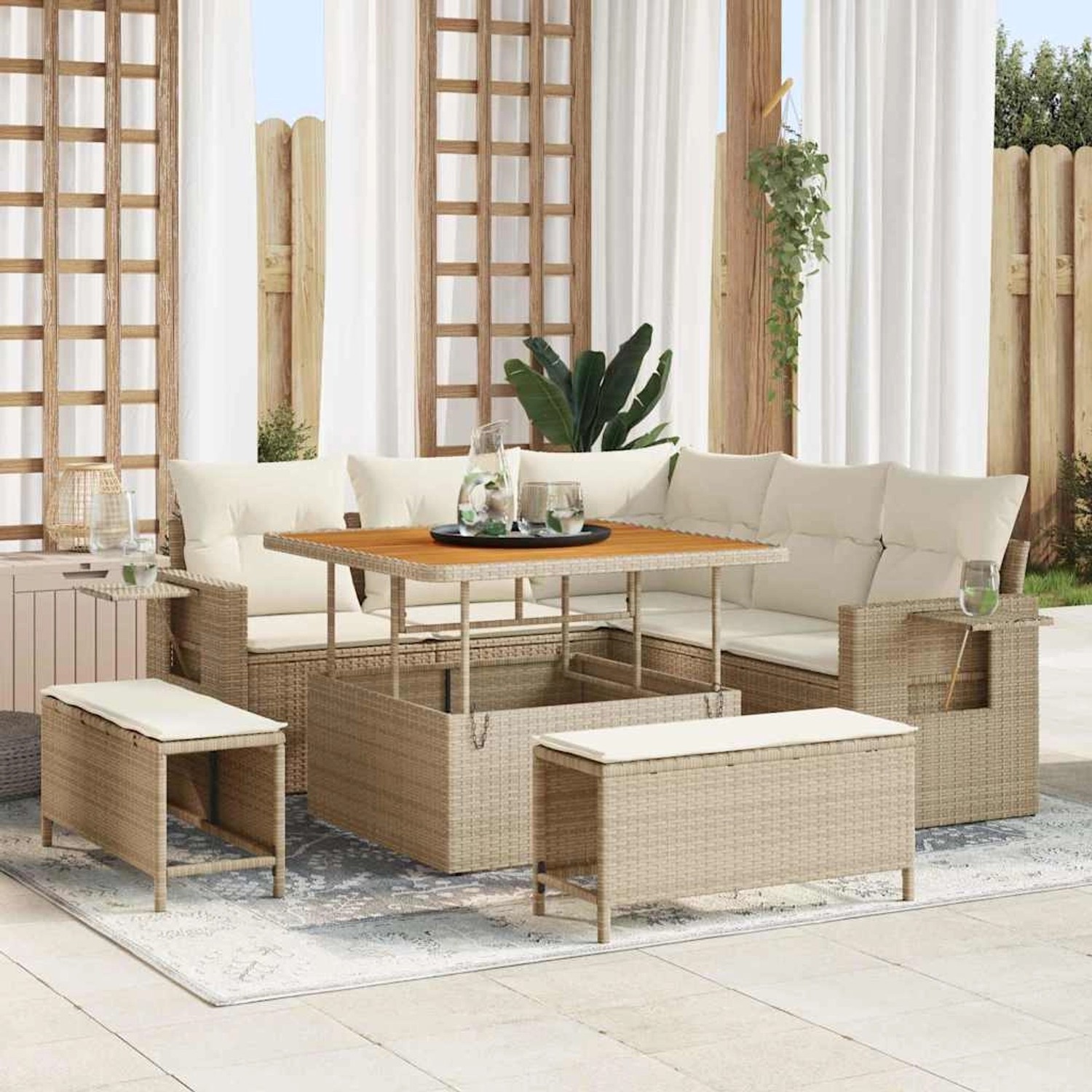 Beiges 8-teiliges vidaXL Garten-Sofa-Set aus Polyrattan mit Tisch und Hockern.